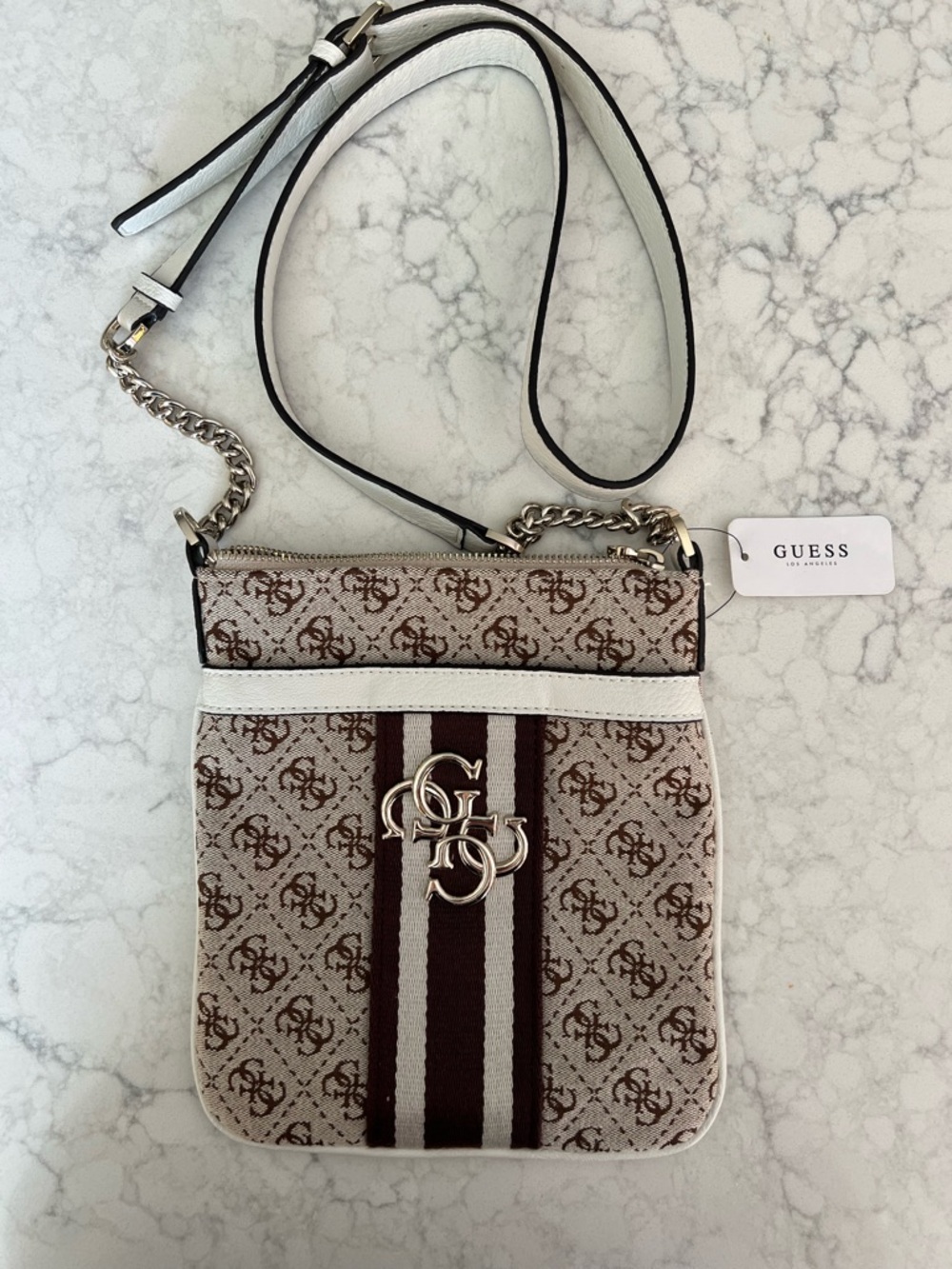 NWT GUESS Brown & White Monogram Crossbody with Stripe Detail